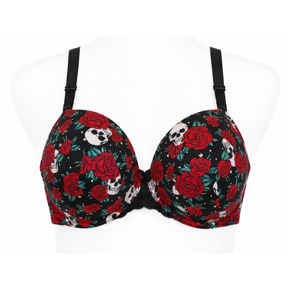Torrid Curve Bra Women 40DDD Black Good Skulls Roses 360 Back Smoothing Push-Up